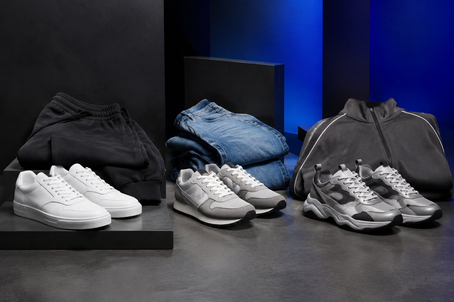 Three unbranded sneaker styles paired with joggers, denim and a tracksuit