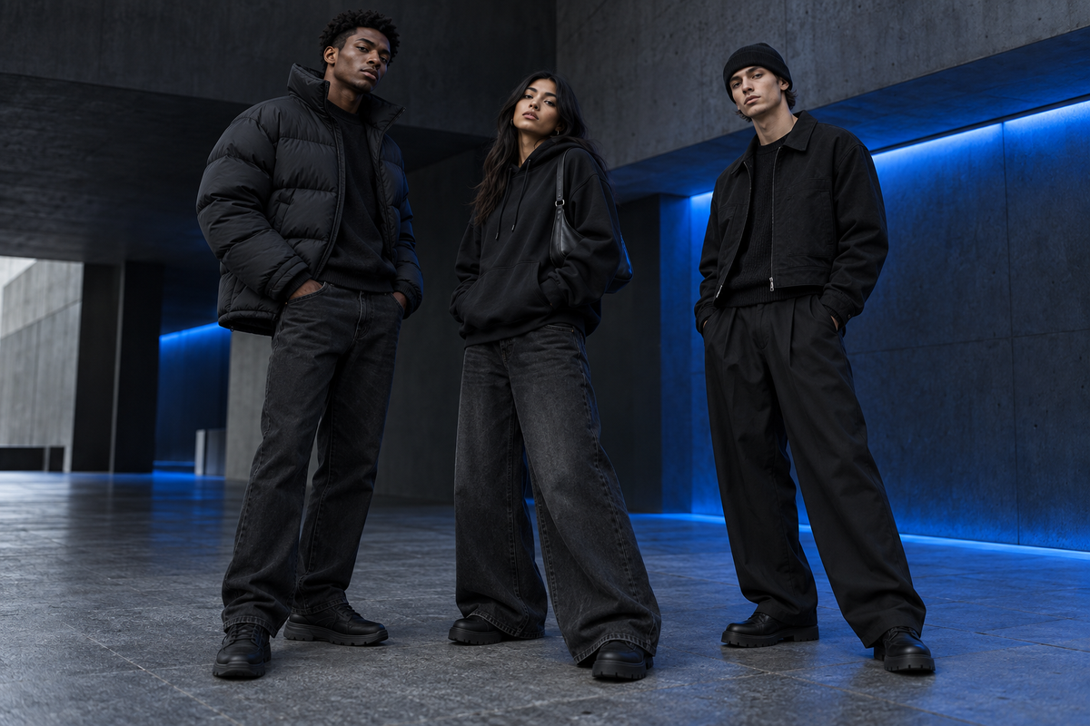 Three people wearing layered all-black streetwear in a charcoal space with cobalt lighting