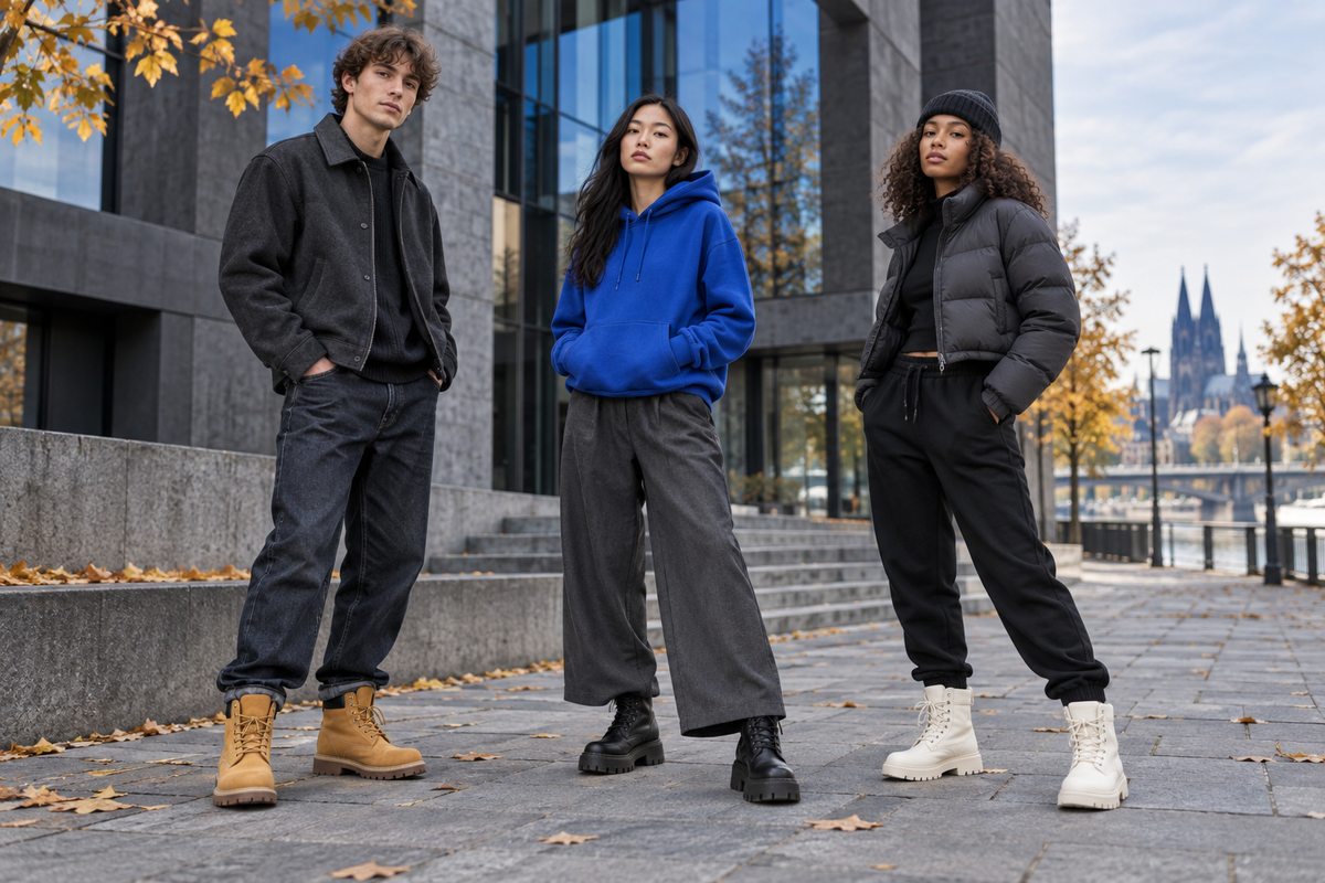 Three people styling unbranded tan, black and off-white boots with autumn streetwear