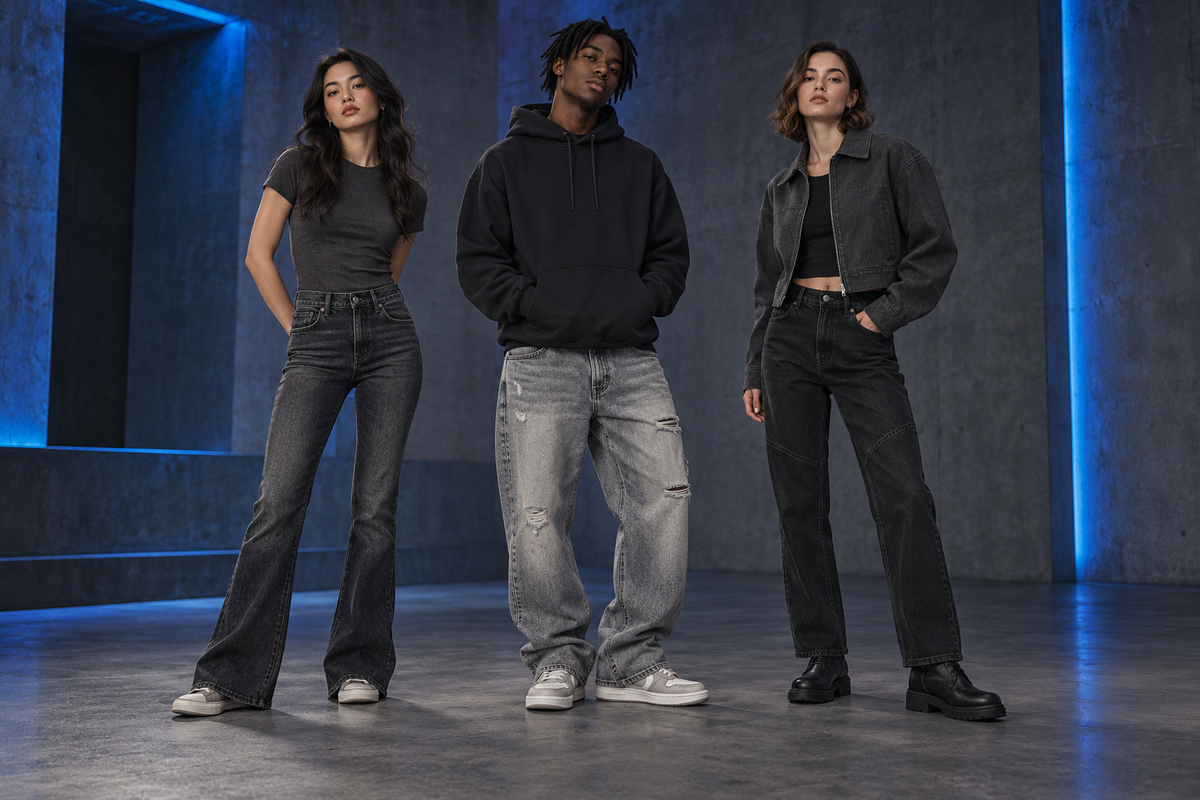 Three people styling flared, distressed and straight-leg statement jeans in a charcoal studio with cobalt lighting