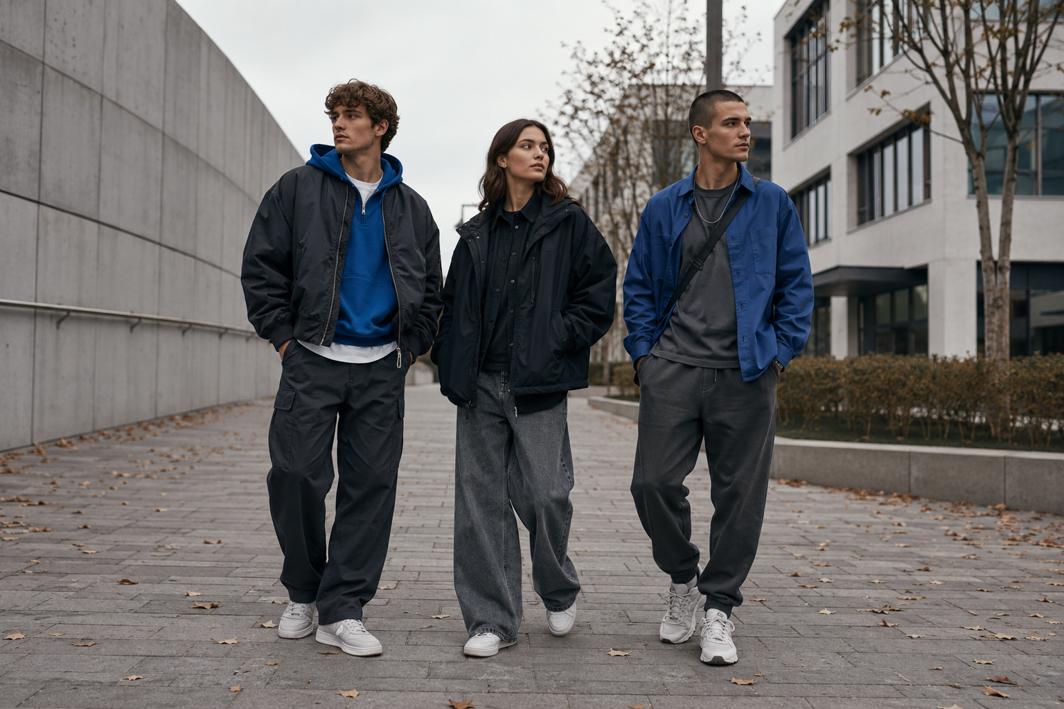 Three people wearing cobalt and charcoal layered streetwear in an autumn city