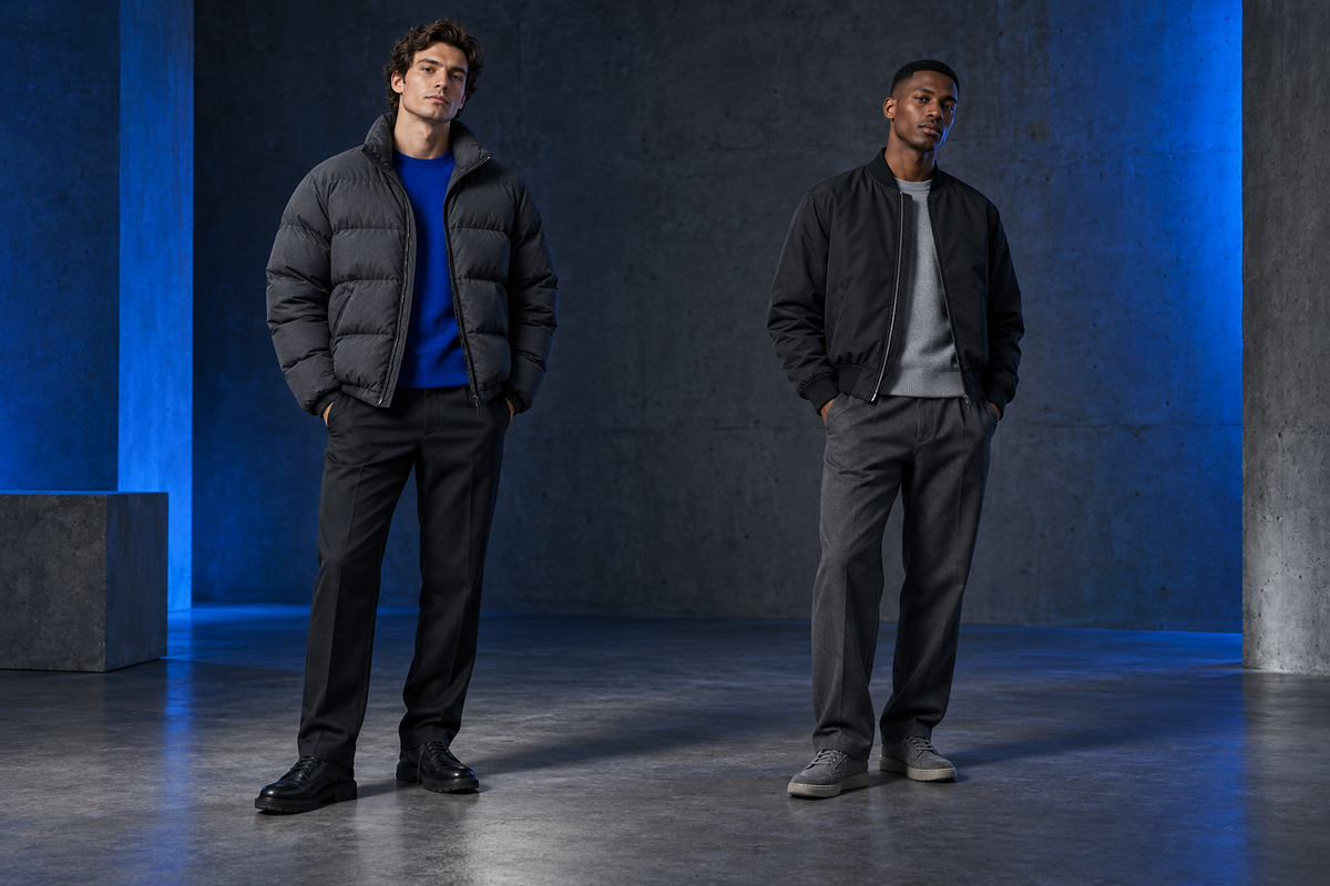 Two models comparing a charcoal quilted puffer and a black bomber jacket in a cobalt-lit charcoal studio