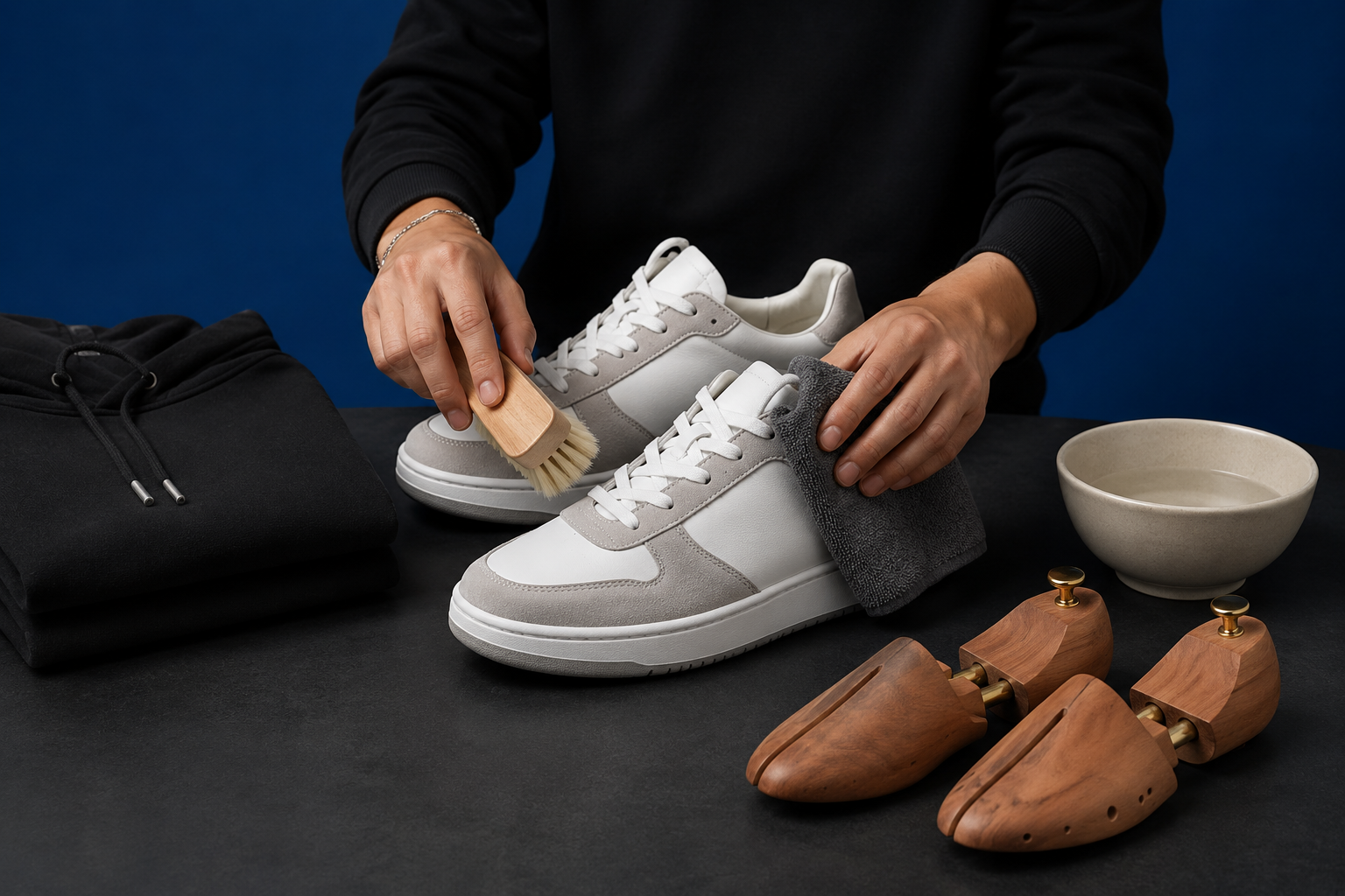 Cleaning unbranded sneakers beside a folded hoodie and shoe-care tools