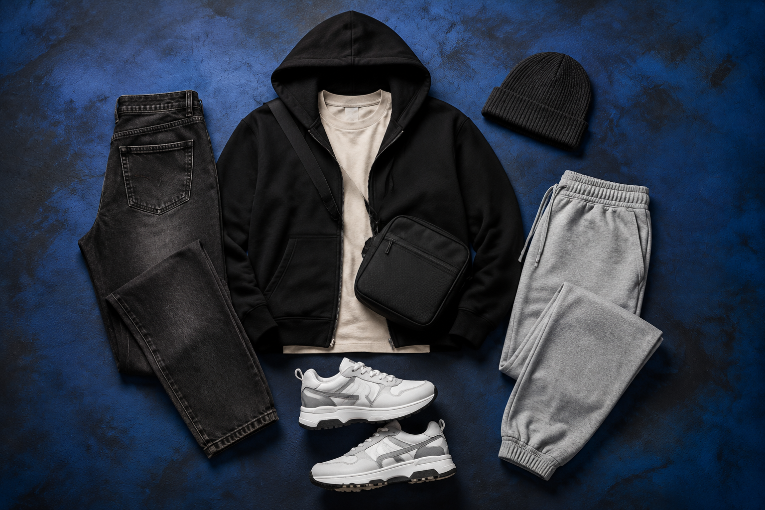 Unbranded streetwear capsule wardrobe with hoodie, jeans, joggers, sneakers and accessories