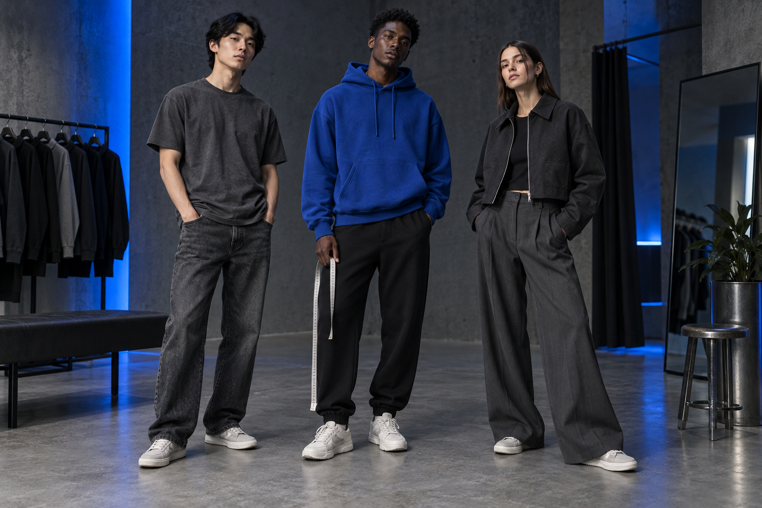 Three people comparing regular, relaxed and wide streetwear silhouettes in a cobalt and charcoal fitting studio