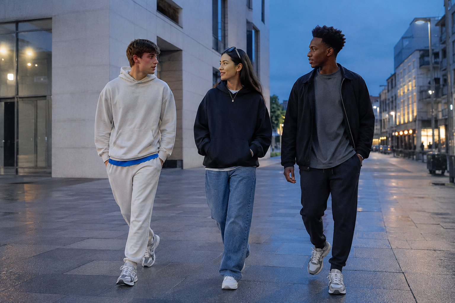 Three young adults wearing clean unbranded streetwear outfits in the city