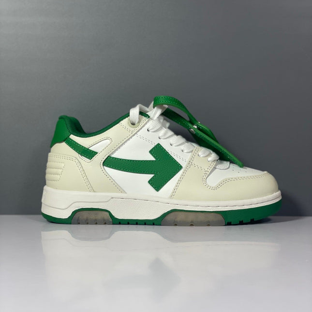 White and green off-white arrow daddy sneakers with a bold arrow logo on the side for 2023 trends