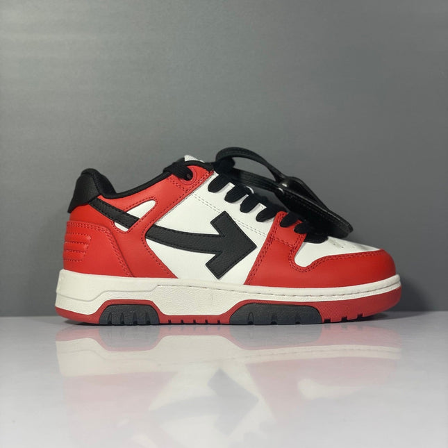Red and white off-white arrow daddy sneakers with bold black arrow logo on the side in 2023 trend design