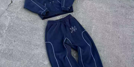 Star Print Zippered Hooded Sweatshirt KTT01 Navy Blue Set M Mldrip