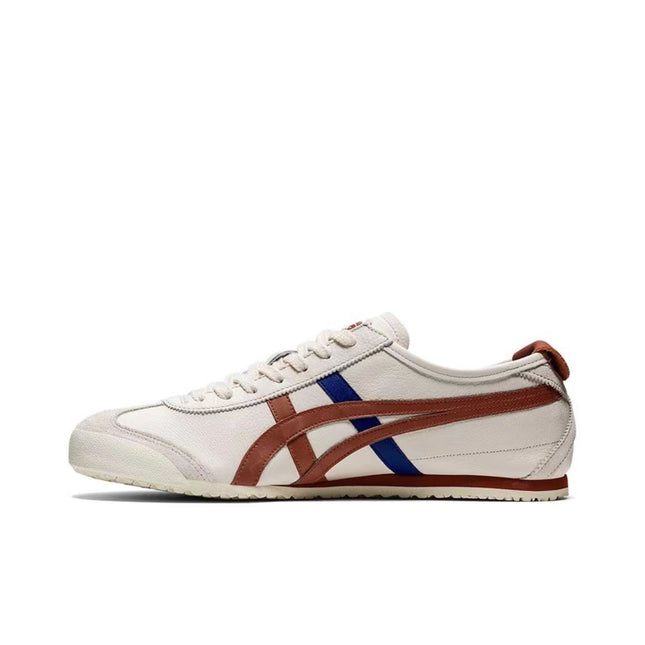 White sneaker with brown and blue stripes, textured sole, and lace-up design on a plain background.