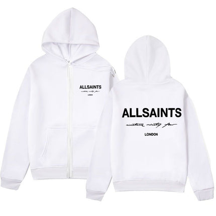 2026 New Autumn Trendy Design Simple White Letter ALL Print Zipper Sweatshirt Casual Loose Sweatshirt