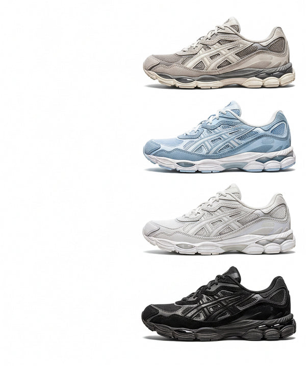 Four sneakers in beige, blue, white, and black are stacked vertically on a white background.