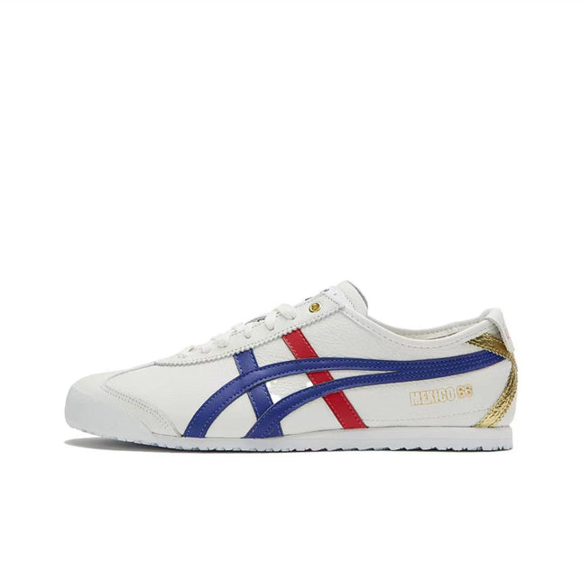 White sneaker with blue and red stripes, gold accents, and "Mexico 66" text on the side.
