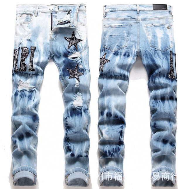 Punk Retro Blue Ripped Slim Stretch Men's Jeans