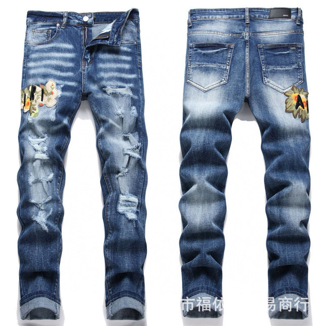 Punk Retro Blue Ripped Slim Stretch Men's Jeans