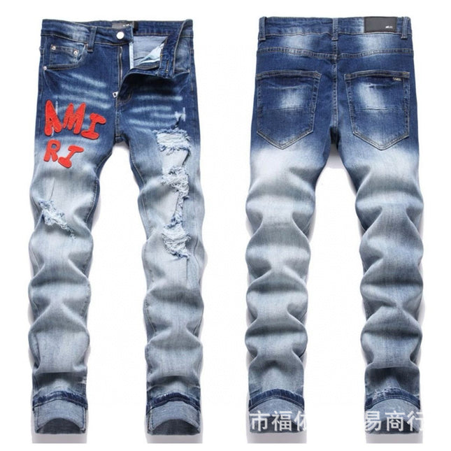 Punk Retro Blue Ripped Slim Stretch Men's Jeans