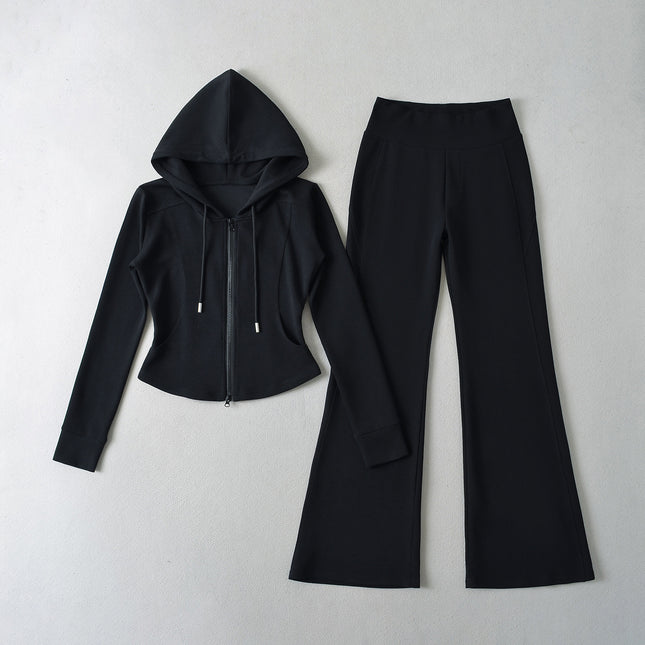 Fashion spelling waist slimming zipper hooded sweatshirt flared pants women
