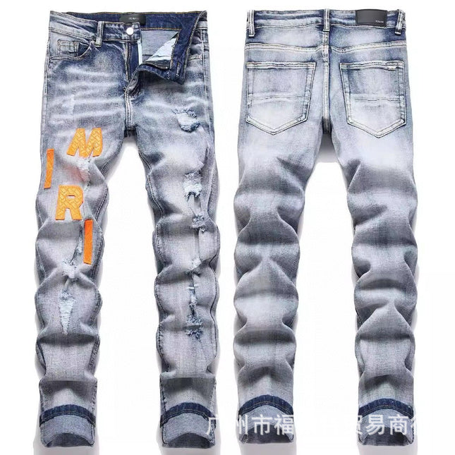 Punk Retro Blue Ripped Slim Stretch Men's Jeans