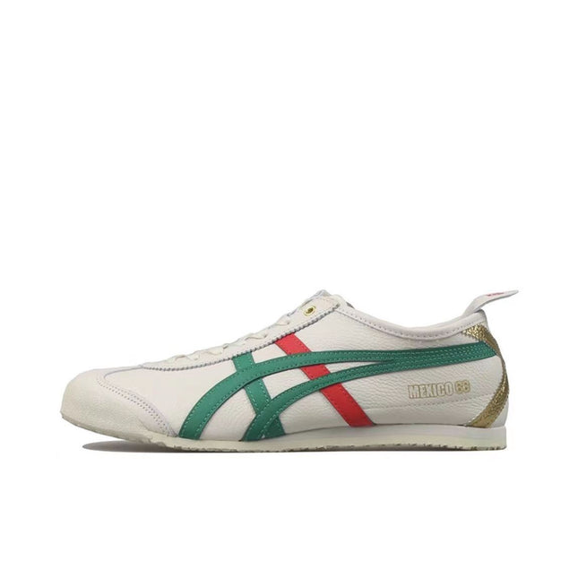 White sneaker with green and red stripes, gold heel accents, and the text "Mexico 66."