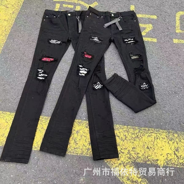 Punk Retro Blue Ripped Slim Stretch Men's Jeans