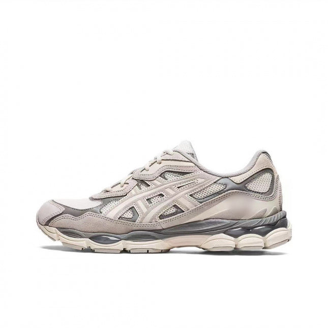 Gray and white running shoe on a white background