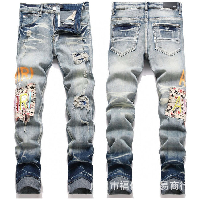 Punk Retro Blue Ripped Slim Stretch Men's Jeans
