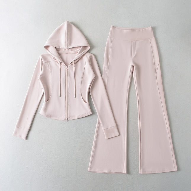 Fashion spelling waist slimming zipper hooded sweatshirt flared pants women