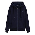 Zippered navy blue white label