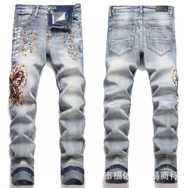 Punk Retro Blue Ripped Slim Stretch Men's Jeans
