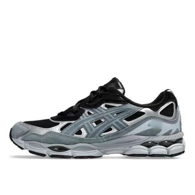 Black and gray sneaker with mesh upper, silver accents, and a thick, textured sole.