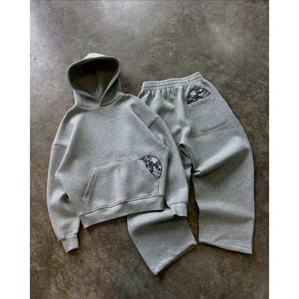 New American street style personalized disc pattern printed pocket design sweatshirt and sweatpants wholesale set hoodie Y2K