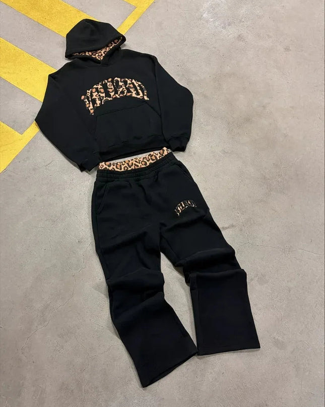 Y2K Leopard Print Sportswear – Men’s Letter Embroidered Hoodie Set Mldrip