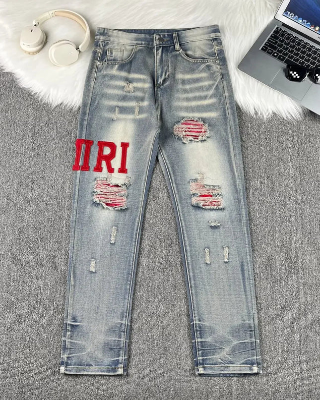 Y2K Men’s Patchwork Jeans – Slim Fit Embroidered Casual Pants Mldrip