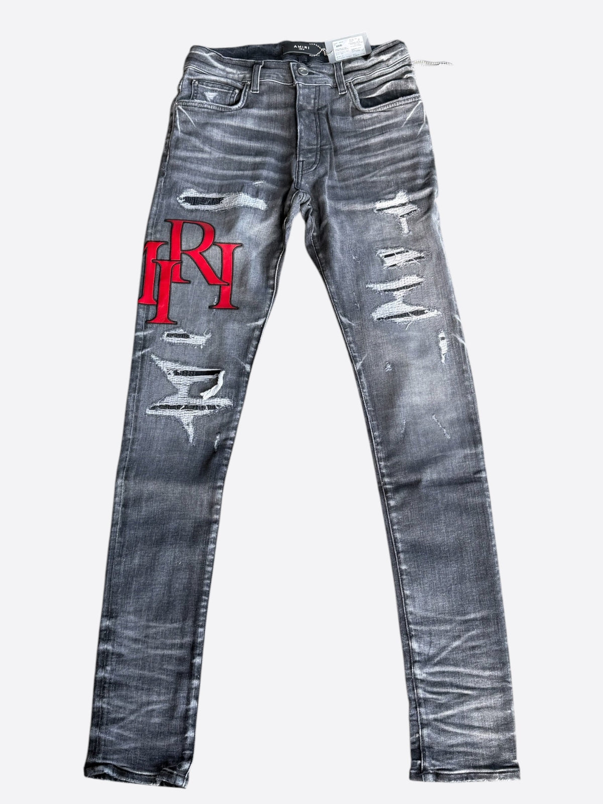 AMIRI Distressed Staggered Logo Jeans – Rain Grey / Red