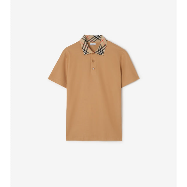Burberry Check Collar Cotton Polo Shirt — Beige