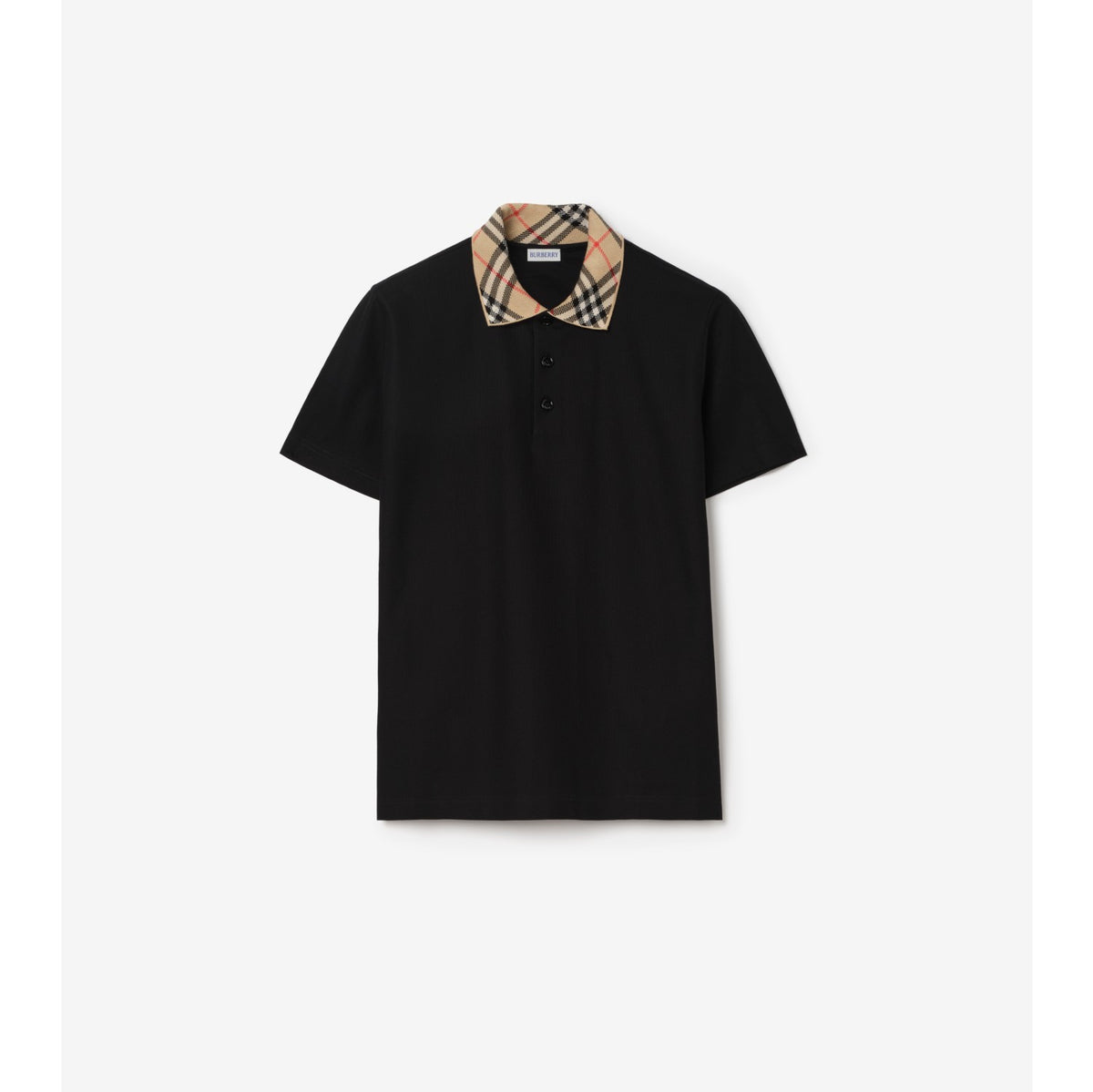 Burberry Check Collar Cotton Polo Shirt — Black