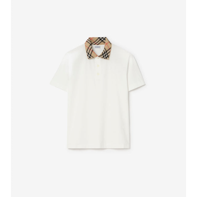 Burberry Check Collar Cotton Polo Shirt — Chalk White