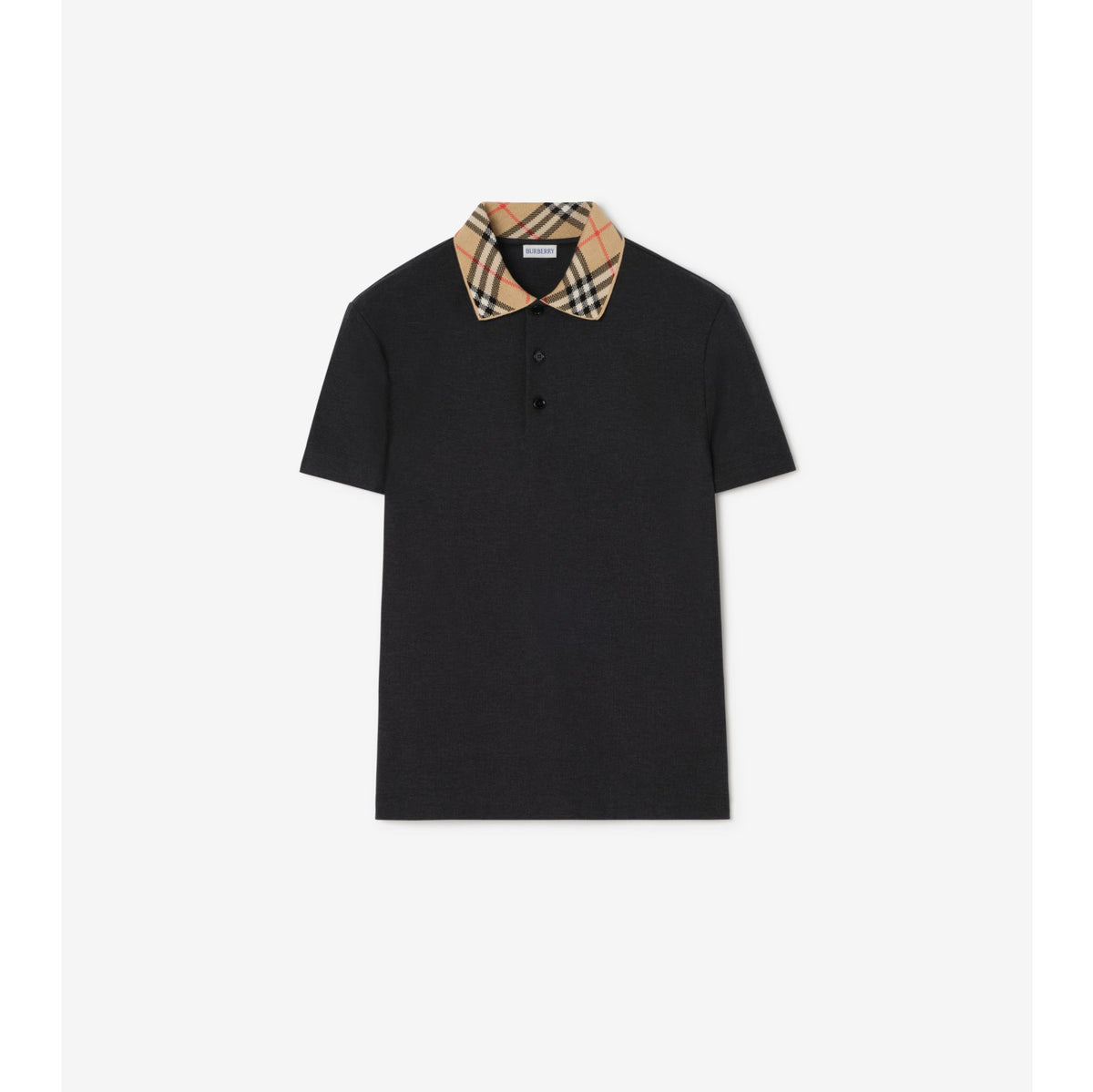 Burberry Check Collar Cotton Polo Shirt — Charcoal Melange