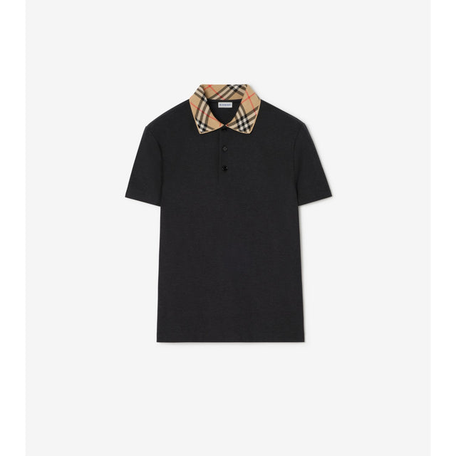 Burberry Check Collar Cotton Polo Shirt — Charcoal Melange