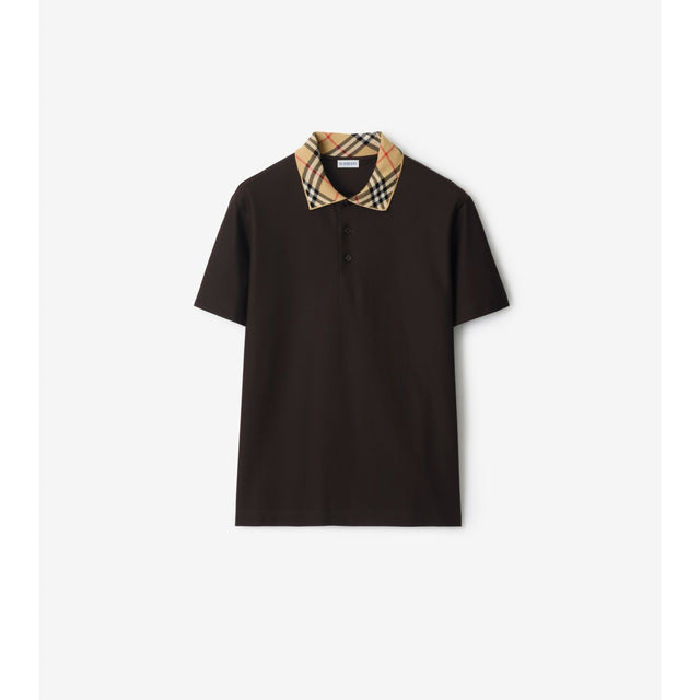Burberry Check Collar Cotton Polo Shirt — Clove Brown