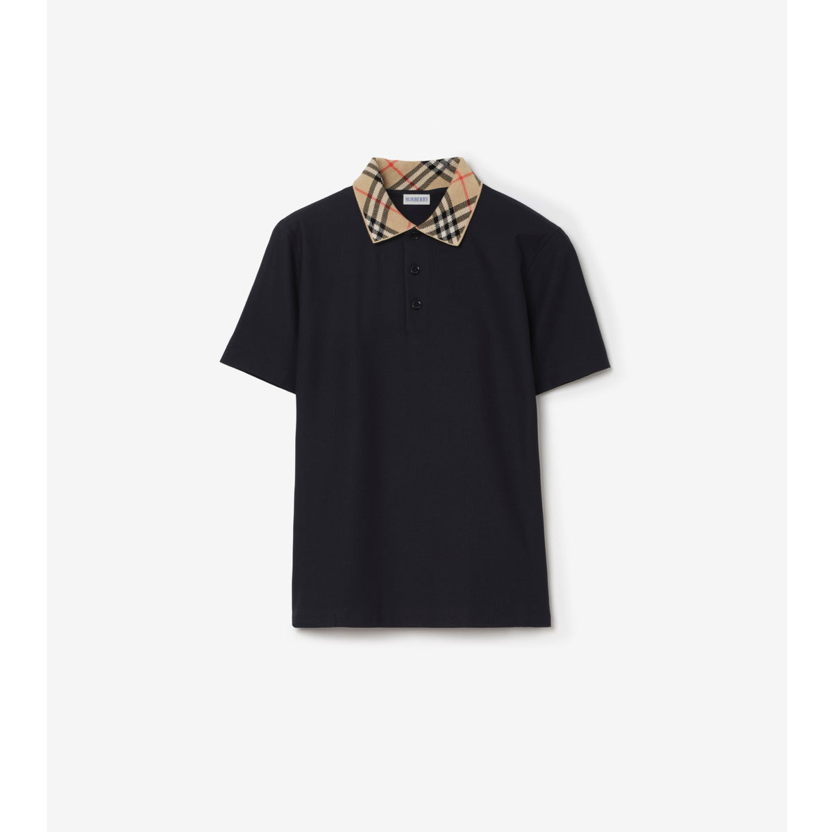 Burberry Check Collar Cotton Polo Shirt — Navy