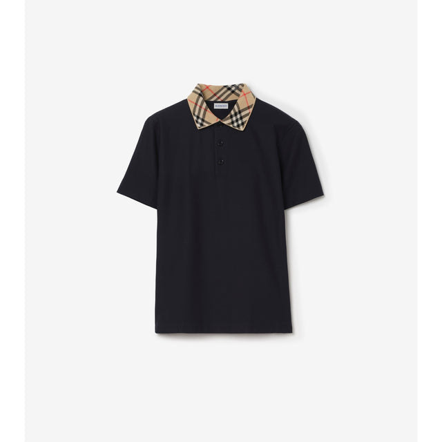 Burberry Check Collar Cotton Polo Shirt — Navy