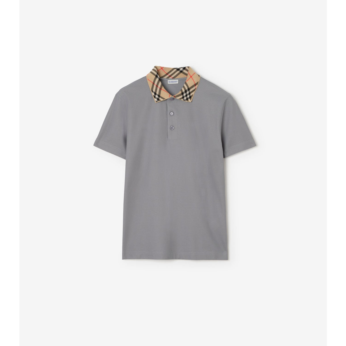 Burberry Check Collar Cotton Polo Shirt — Rainy Grey