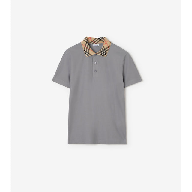 Burberry Check Collar Cotton Polo Shirt — Rainy Grey