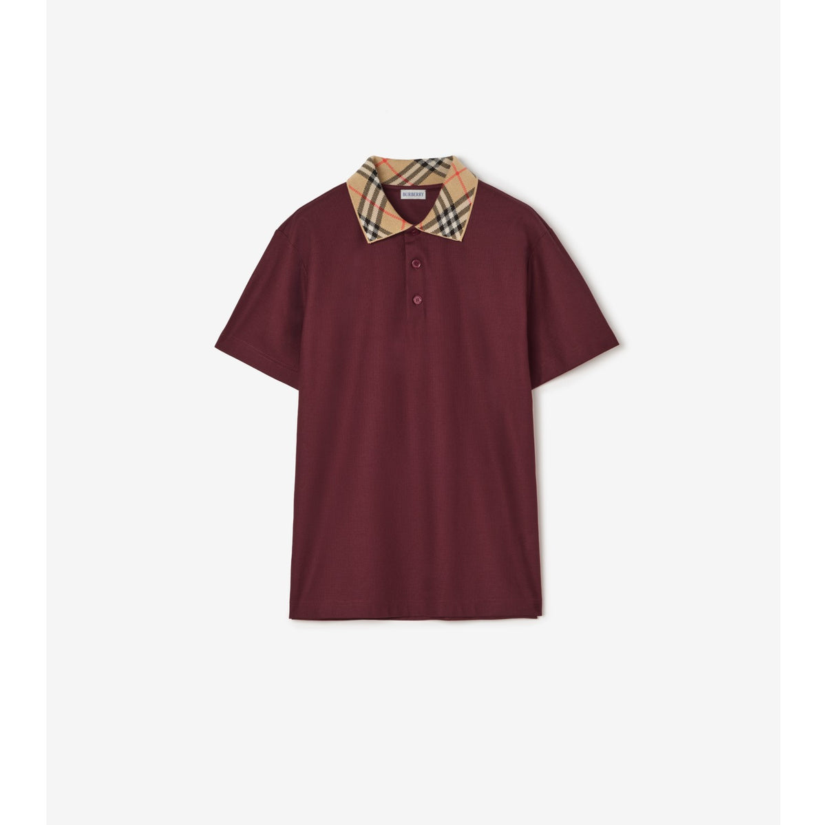 Burberry Check Collar Cotton Polo Shirt — Vineyard Red