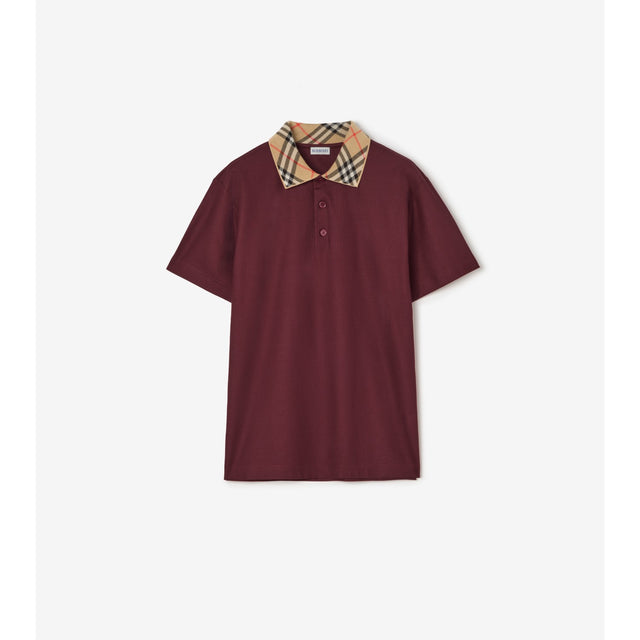 Burberry Check Collar Cotton Polo Shirt — Vineyard Red