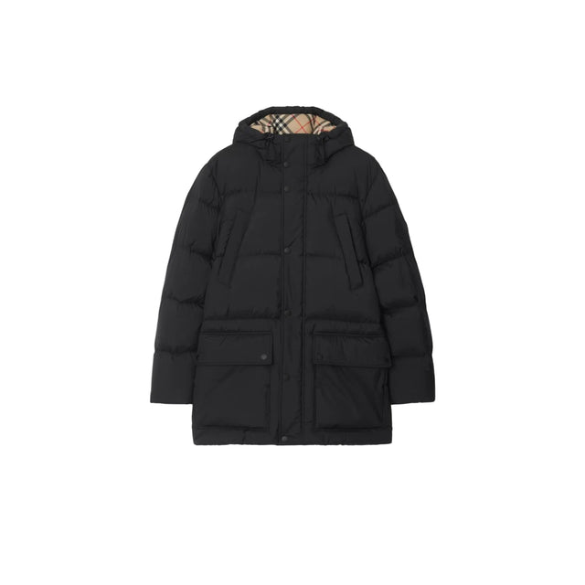 Black Burberry puffer jacket with check-lined hood