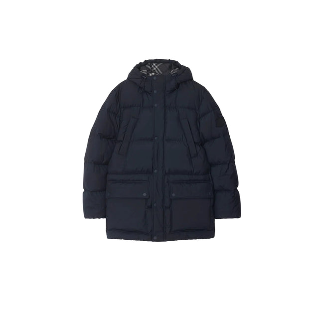 Navy Burberry puffer jacket with check-lined hood