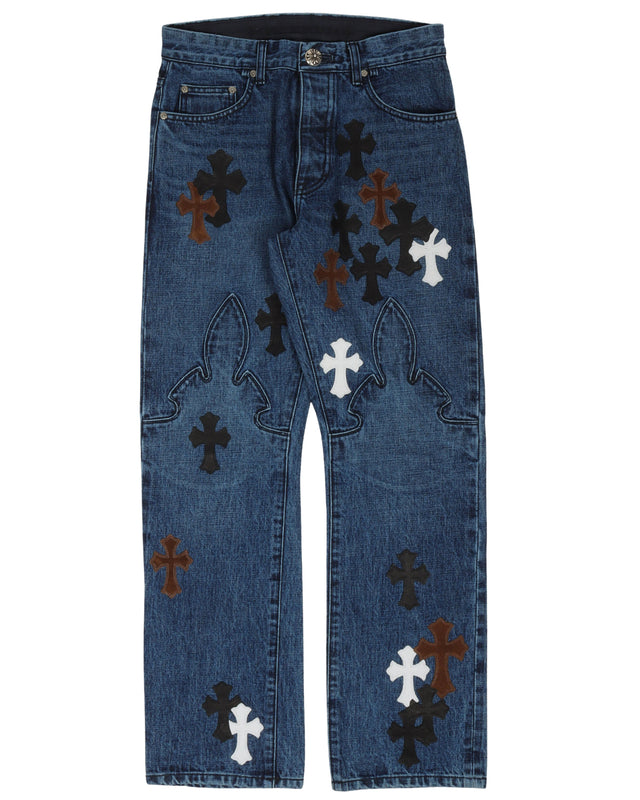 Chrome Hearts Fleur Knee Cross Patch Jeans – Blue / Brown White
