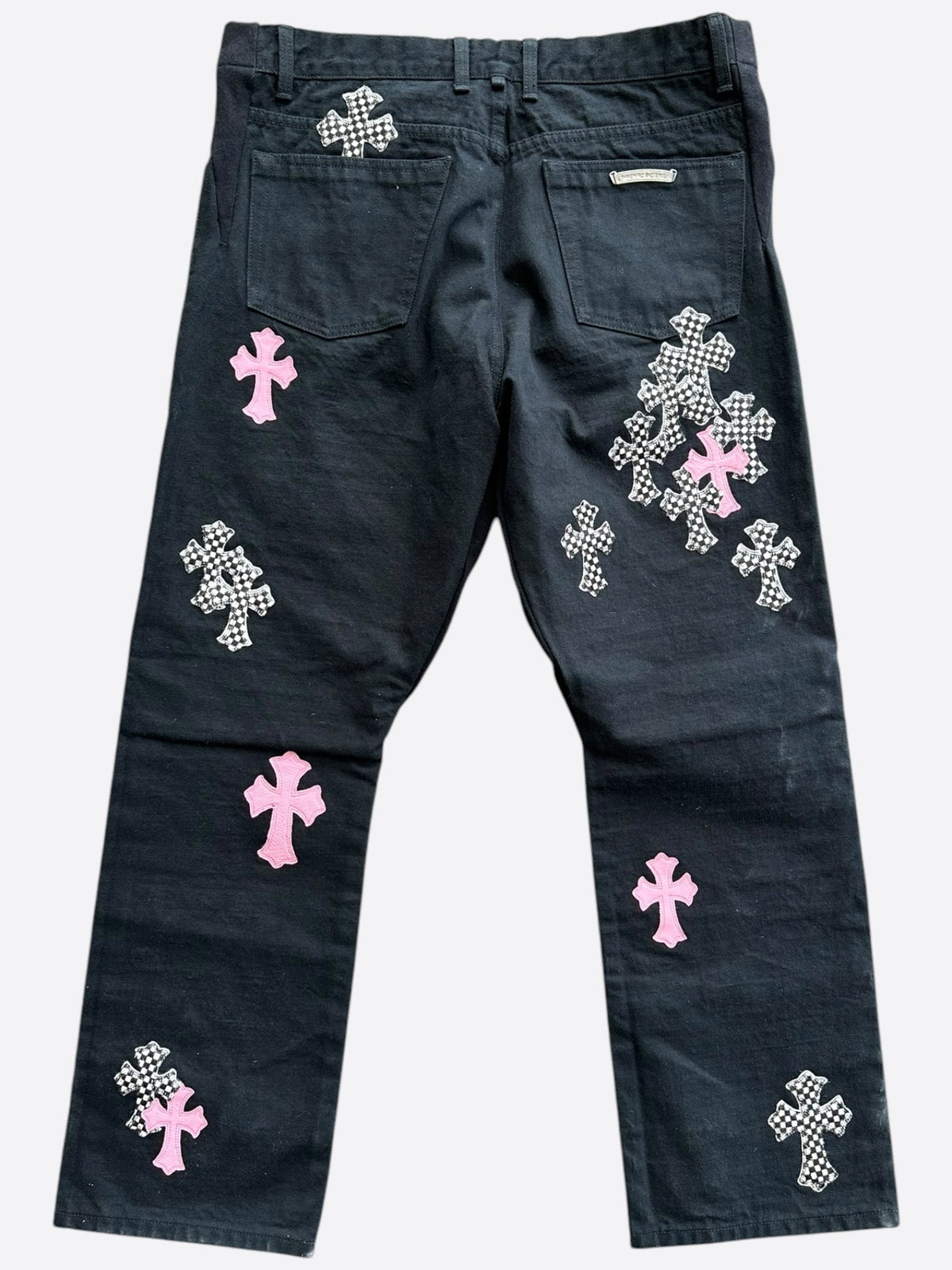 Chrome Hearts Pink and Checkered Fleur Knee Jeans – back